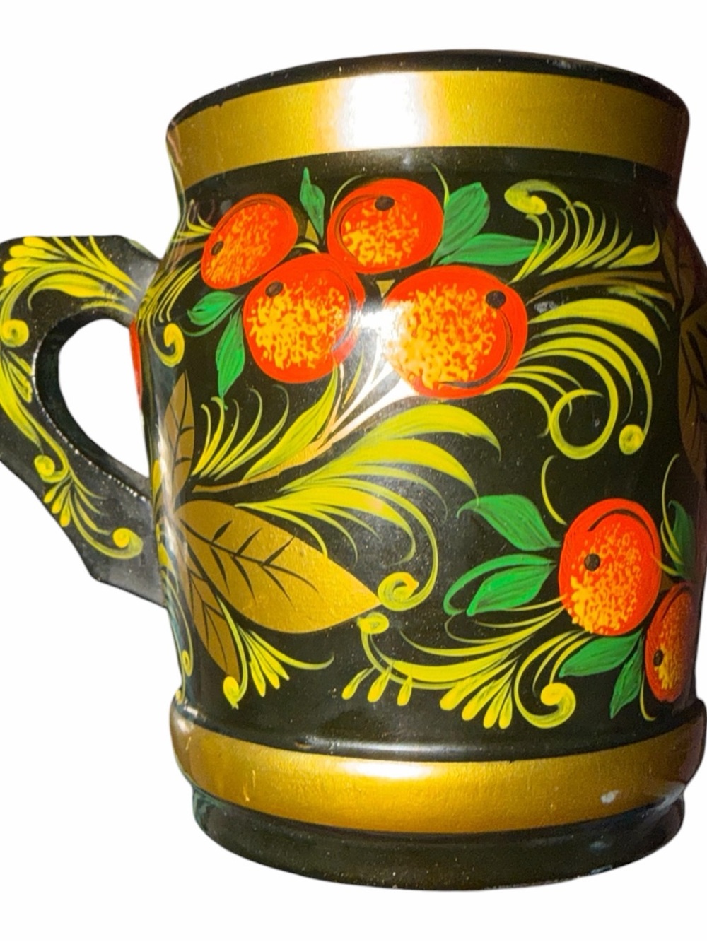 Vintage Russian Khokhloma Hand Painted Wooden Mug Cup Red Gold Floral Folk Art